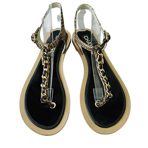Chanel CC Chain Thong Fantasy Goatskin Sandal Black Gold Size 37.5 C US 6.5 7 - Picture 2 of 14